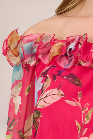 Adrianna Papell Ruffled Off-Shoulder Elastic Waist Blouson Long Sleeve Floral Print Chiffon Top