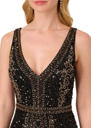 Adrianna Papell V-neck Sleeveless Zipper Closure Mermaid Beaded Mesh Gown - BLACK GOLD - Neck