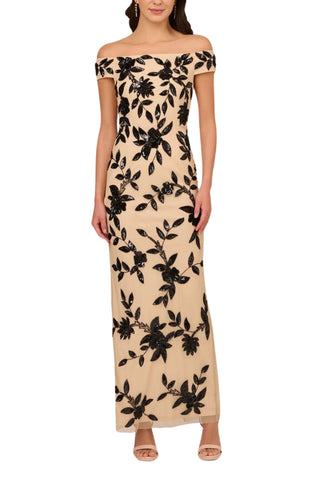 Adrianna Papell Beaded Floral Mesh Off-the-Shoulder Cap Sleeve Sheath Gown - Black Nude - Front