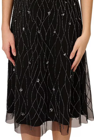 Adrianna Papell Beaded Mesh Surplice V-Neck Flutter Sleeve Dress- BLACK GUNMETAL - Fabric 