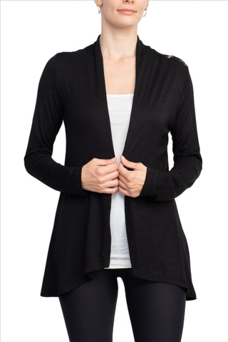 Anne Rose Open Front Long Sleeve Embroidered Back Jersey Cardigan_Black_Front View