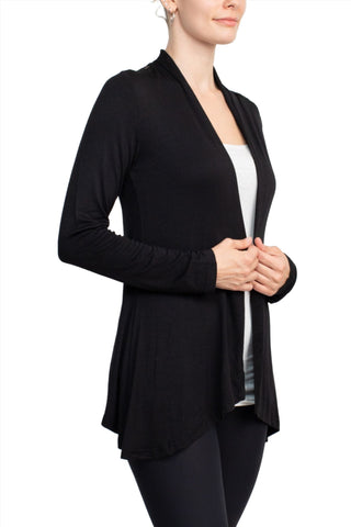 Anne Rose Open Front Long Sleeve Embroidered Back Jersey Cardigan_Black_Side View