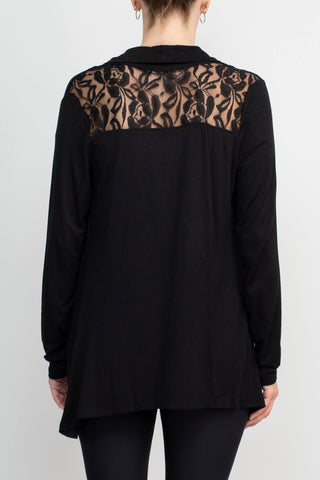 Anne Rose Open Front Long Sleeve Embroidered Back Jersey Cardigan