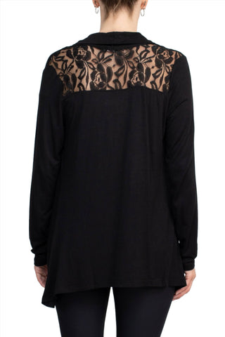 Anne Rose Open Front Long Sleeve Embroidered Back Jersey Cardigan_Black_Back View