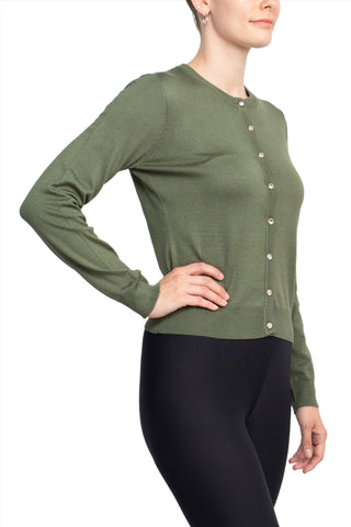 Esperanza NY Crew Neck Button Down Long Sleeve Solid Knit Cardigan_green_side view