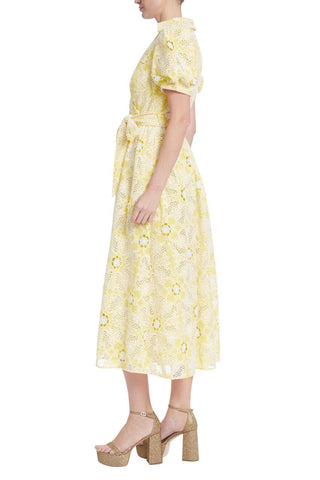 Badgley Mischka Collared V-Neck Puff Sleeve Tie Waist Floral Faux Wrap Lace Dress_Yellow White_Side View