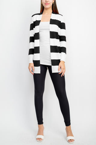 Cyrus Knits Open Front Long Sleeve Stripe Pattern Knit Cardigan_black_white_Front Full View