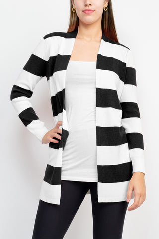 Cyrus Knits Open Front Long Sleeve Stripe Pattern Knit Cardigan_black_white_Front View