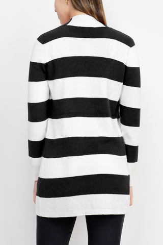Cyrus Knits Open Front Long Sleeve Stripe Pattern Knit Cardigan_black_white_back View