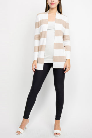 Cyrus Knits Open Front Long Sleeve Stripe Pattern Knit Cardigan_ercuh_white_Front Full View