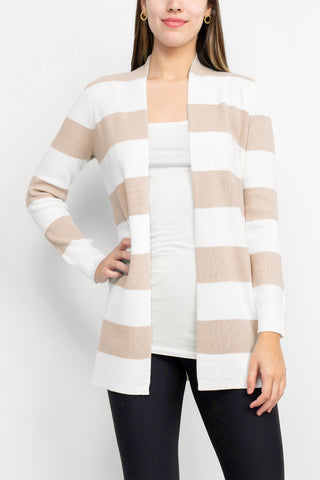 Cyrus Knits Open Front Long Sleeve Stripe Pattern Knit Cardigan_ercuh_white_Front View