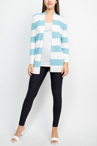 Cyrus Knits Open Front Long Sleeve Stripe Pattern Knit Cardigan_bluewhite_Front Full View