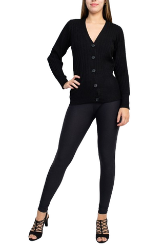 Cyrus V-Neck Button Down Long Sleeve Knit Cardigan - Black - Front