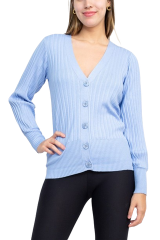 Cyrus V-Neck Button Down Long Sleeve Knit Cardigan - Blue - Front