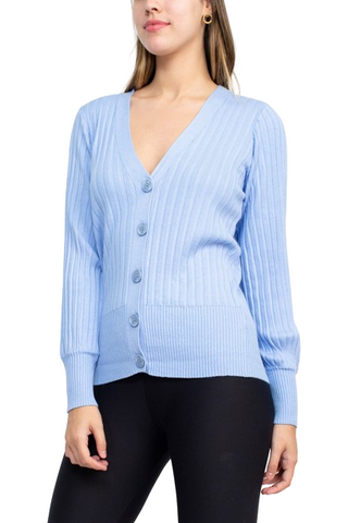 Cyrus V-Neck Button Down Long Sleeve Knit Cardigan - Blue - Side