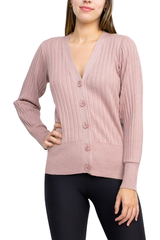 Cyrus V-Neck Button Down Long Sleeve Knit Cardigan - Cocoon Pink- Front 