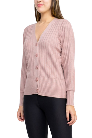 Cyrus V-Neck Button Down Long Sleeve Knit Cardigan - Cocoon Pink - Side
