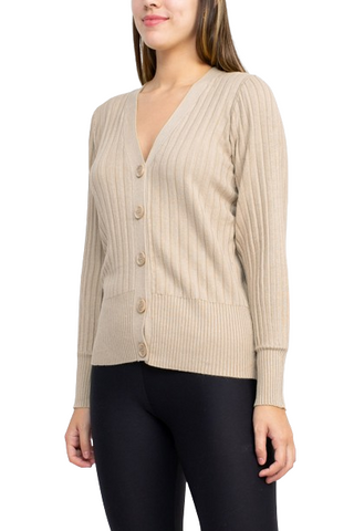 Cyrus V-Neck Button Down Long Sleeve Knit Cardigan - Creme - Side