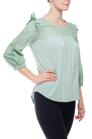 Cupio Round Neck Eyelet ¾ Sleeve Ruffled Shoulders Curved Hem Stretch Crepe Top - Frosty Green - Side