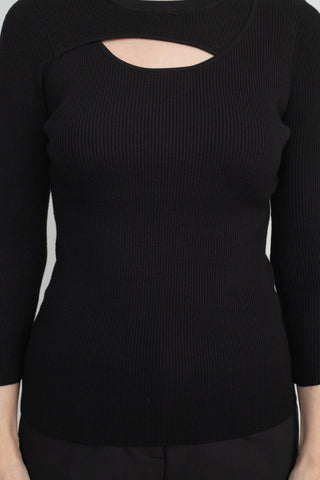 Joan Vass NY Crew Neck 3/4 Sleeve Ribbed Pullover Cutout Chest Detail Knit Top_Black_Front Detailed View