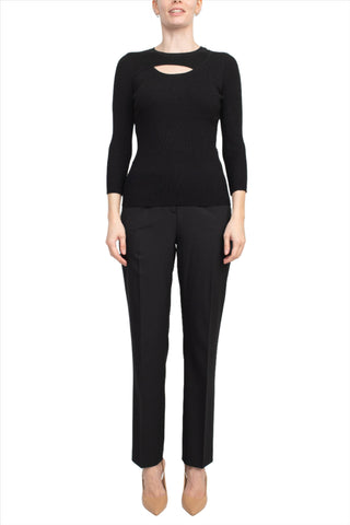 Joan Vass NY Crew Neck 3/4 Sleeve Ribbed Pullover Cutout Chest Detail Knit Top_Black_Front Full View