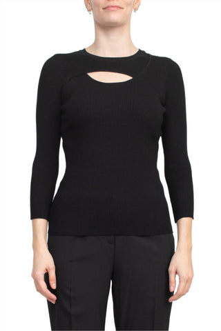 Joan Vass NY Crew Neck 3/4 Sleeve Ribbed Pullover Cutout Chest Detail Knit Top_Black_Front View