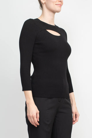 Joan Vass NY Crew Neck 3/4 Sleeve Ribbed Pullover Cutout Chest Detail Knit Top_Black_Side View
