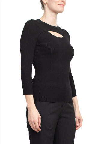 Joan Vass NY Crew Neck 3/4 Sleeve Ribbed Pullover Cutout Chest Detail Knit Top_Black_Side View