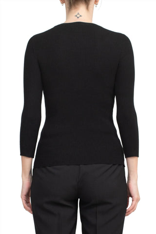 Joan Vass NY Crew Neck 3/4 Sleeve Ribbed Pullover Cutout Chest Detail Knit Top_Black_Back View