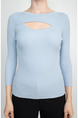 Joan Vass NY Crew Neck 3/4 Sleeve Ribbed Pullover Cutout Chest Detail Knit Top_clear_blue_Front Detailed View