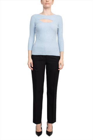 Joan Vass NY Crew Neck 3/4 Sleeve Ribbed Pullover Cutout Chest Detail Knit Top_clear_blue_Front Full View