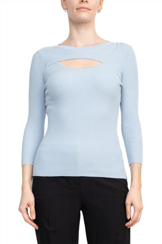 Joan Vass NY Crew Neck 3/4 Sleeve Ribbed Pullover Cutout Chest Detail Knit Top_clear_blue_Front View