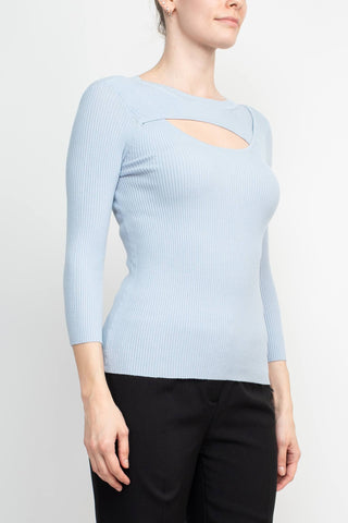 Joan Vass NY Crew Neck 3/4 Sleeve Ribbed Pullover Cutout Chest Detail Knit Top_clear_blue_Side View