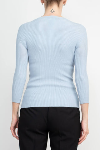 Joan Vass NY Crew Neck 3/4 Sleeve Ribbed Pullover Cutout Chest Detail Knit Top_clear_blue_Back View