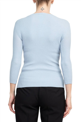 Joan Vass NY Crew Neck 3/4 Sleeve Ribbed Pullover Cutout Chest Detail Knit Top_clear_blue_Back View