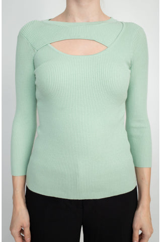 Joan Vass NY Crew Neck 3/4 Sleeve Ribbed Pullover Cutout Chest Detail Knit Top_light_green_Front detailed View