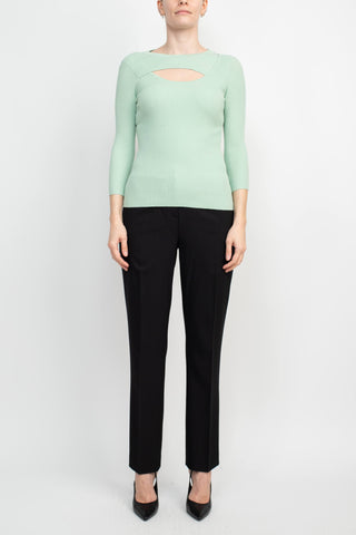 Joan Vass NY Crew Neck 3/4 Sleeve Ribbed Pullover Cutout Chest Detail Knit Top_light_green_Front Full View
