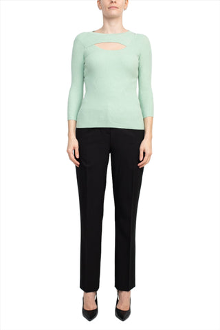Joan Vass NY Crew Neck 3/4 Sleeve Ribbed Pullover Cutout Chest Detail Knit Top_light_green_Front Full View