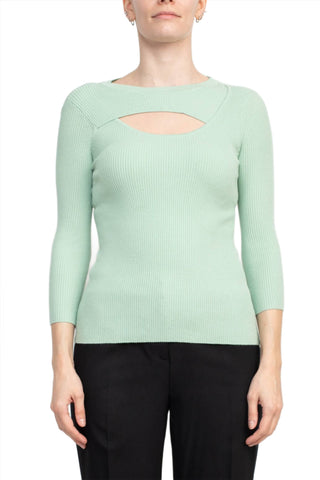 Joan Vass NY Crew Neck 3/4 Sleeve Ribbed Pullover Cutout Chest Detail Knit Top_light_green_Front View