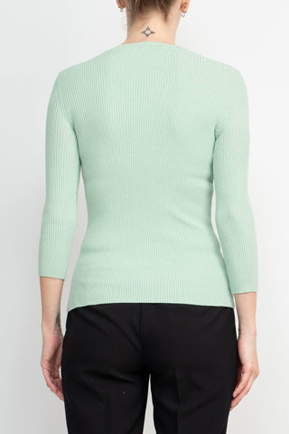 Joan Vass NY Crew Neck 3/4 Sleeve Ribbed Pullover Cutout Chest Detail Knit Top_light_green_back View