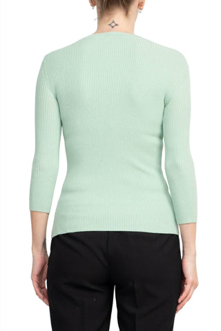Joan Vass NY Crew Neck 3/4 Sleeve Ribbed Pullover Cutout Chest Detail Knit Top_light_green_back View