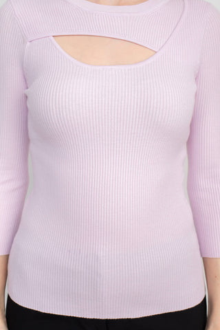 Joan Vass NY Crew Neck 3/4 Sleeve Ribbed Pullover Cutout Chest Detail Knit Top_light_pink_Front detailed View