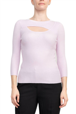 Joan Vass NY Crew Neck 3/4 Sleeve Ribbed Pullover Cutout Chest Detail Knit Top_light_pink_Front View