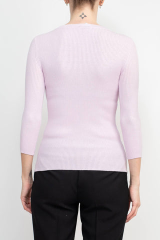 Joan Vass NY Crew Neck 3/4 Sleeve Ribbed Pullover Cutout Chest Detail Knit Top_light_pink_back View