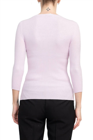 Joan Vass NY Crew Neck 3/4 Sleeve Ribbed Pullover Cutout Chest Detail Knit Top_light_pink_back View
