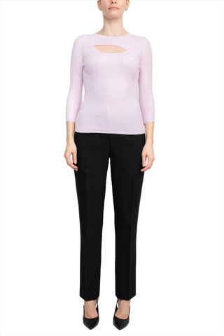Joan Vass NY Crew Neck 3/4 Sleeve Ribbed Pullover Cutout Chest Detail Knit Top_light_pink_Front Full View