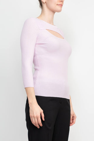 Joan Vass NY Crew Neck 3/4 Sleeve Ribbed Pullover Cutout Chest Detail Knit Top_light_pink_side View
