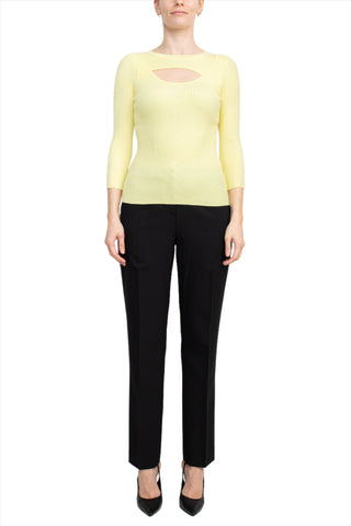 Joan Vass NY Crew Neck 3/4 Sleeve Ribbed Pullover Cutout Chest Detail Knit Top_light_yellow_Front Full View