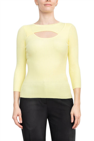 Joan Vass NY Crew Neck 3/4 Sleeve Ribbed Pullover Cutout Chest Detail Knit Top_light_yellow_Front View