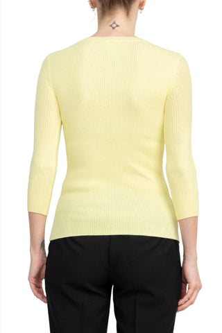 Joan Vass NY Crew Neck 3/4 Sleeve Ribbed Pullover Cutout Chest Detail Knit Top_light_yellow_Back View